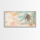 Distressed Painting Print of a Lone Palm Tree on a Beach, Framed Canvas Print, Retro Nautical Landscape Painting, Beach Wall Art, Beach Print