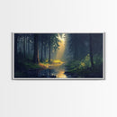 Sun Shines Through The Forest Trees, Framed Canvas Print, Fantasy Landscape Painting, Forest Landscape Oil Painting Print, Living Room Decor