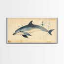 Retro Minimalist Dolphin Painting, Dolphin Home Decor, Framed Canvas Print, Nautical Decor, Elegan Japanese Style Artwork, Wabi Sabi Art