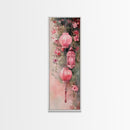 Lantern Glow Canvas Print, whimsical Moroccan wall art with light pink tones and floral accents, tall skinny vertical wall art piece.