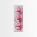 Pink Cupcake Trio Canvas Print, Whimsical Kitchen Art, Rustic Light Pink Wall Art, Food Review Vertical Artwork, Gift Idea For Her