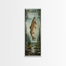 Trout In Mountain Scene Framed Canvas Print Rustic Landscape Art Fly Fishing Wall Art Skinny Wall Art Tall Vertical Decor