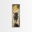 Modern Bull Artwork Framed Canvas Print, Rustic Animal Wall Art, Farmhouse Decor, Vertical Skinny Art, Pine Tree Moonlight Scene