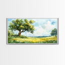 Sunny Meadow Elegance Canvas Print Featuring Oak Tree Art and Wildflower Painting Rustic Decor for Living Room Wall Art