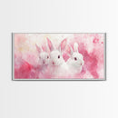 Three Bunnies Canvas Print, Adorable Pink Abstract Art Featuring Rabbits, Whimsical Nursery Wall Decor or Easter Themed Art