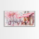 Parisian Café Scene Framed Canvas Print, Cherry Blossom Painting, European Street Art, Romantic Wall Art, Living Room Decor