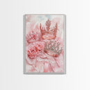 Elegant watercolor crowns and roses painting, framed canvas print, rose painting, goddess art print, chic pink wall art for living room