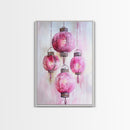 Pink Lanterns Framed Canvas Print, Chinoiserie Wall Art, Cozy Living Room Decor, Boho Aesthetic, Vertical Oriental Light Pink Wall Art