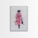 Woman in Coat Framed Canvas Print Light Pink Wall Art Moody Minimalist Fashion Illustration Rustic Aesthetic Unique Gift Idea