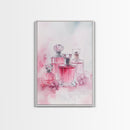 Elegant Pink Perfume Bottles Framed Canvas Print, Feminine Bathroom Art Light Pink Decor, Whimsical Gift Idea for Her Room