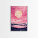 Moonlit Sky over Lake Framed Canvas Print, Pink Night Landscape Painting Coastal Wall Art, Minimalist Bedroom or Guest Room Decor