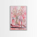 Pink wildflower botanical prints with glass bottles framed canvas print for bedroom or guest room rustic decor gift idea her wall art