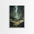 Forest Path Landscape Framed Canvas Print with Pine Tree Art, Rustic Decor and Serene Nature Above Sofa Artwork