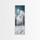 Winter Path, pine tree art, mountain painting, snowy landscape, rustic decor, minimalist art, Framed Canvas Print, vertical wall art