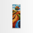 Colorful Fields, folk art, Russian folk art, pink orange wall art, bright and bold, framed canvas print, extra wide art