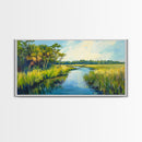 Marshland View, palm tree painting, tropical landscape, coastal decor, green wall art, rustic wall art, Framed Canvas Print