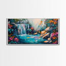 Vibrant Waterfall, Canvas Print, landscape painting, moody art, tropical art, teal wall art, extra wide art, rustic decor