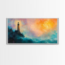 Lighthouse Sunset, coastal painting, nautical wall art, seascape painting, lighthouse art, framed canvas print, panoramic art