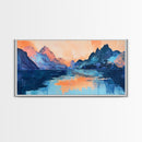 Twilight Peaks, pink orange wall art, framed canvas print, panoramic painting, above sofa art, extra wide art, landscape painting