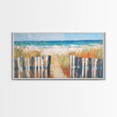 Beach Fence, coastal painting, framed canvas print, nautical decor, seascape painting, blue and green wall art, extra wide art