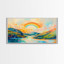 Rainbow Over Mountains, landscape painting, panoramic art, framed canvas print, extra wide art, mountain painting, colorful art