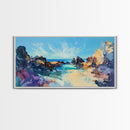Rocky Seascape Panorama, framed canvas print, extra wide art, seascape painting, above couch art, nautical painting
