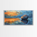 Zen Stone Reflection, moody art, minimalist art, coastal painting, blue and green wall art, extra wide art, canvas print