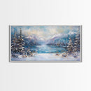Lake Tahoe Art, Snowy Landscape, Winter Cabin Decor, Framed Canvas Print, Blue and Green Wall Art, Horizontal Wall Art