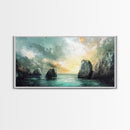 Ocean Cliffs, landscape painting, nautical wall art, moody art, wabi sabi art, extra wide art, textured art, Framed Canvas Print