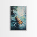 Log in Water, Forest at Dusk Painting, Rustic Nature Scene, Moody Wall Art, Blue and Green Decor, Framed Canvas Print