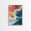 Fiery Ocean Wave, pink orange wall art, coastal landscape art, teal wall art, moody art, ocean abstract art, Framed Canvas Print