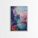 Dreamy Lake Scene, pink abstract art, blue and green wall art, moody art, vertical wall art, framed canvas print, living room art
