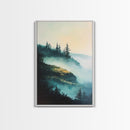 Foggy Mountains, mountain painting, smoky mountain art, pine tree art, forest at dusk painting, Framed Canvas Print, bedroom art