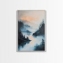 Misty Lake, landscape painting, smoky mountain art, pine tree art, moody art, blue and green wall art, Canvas Print, above sofa art