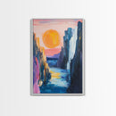 pink orange wall art, sunset painting, abstract landscape painting, blue and green wall art, Framed Canvas Print, boho art, modern decor