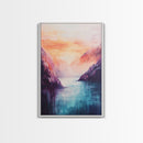coastal decor, mountain painting, pink orange wall art, sunrise painting, landscape painting, Framed Canvas Print, abstract wall art