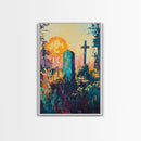 Graveyard Sunset, dark romance painting, gothic wall art, moody art, vintage folk art, atmospheric painting, framed canvas print