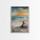 Zen Rock Stack Framed Canvas Print Coastal Wall Art, Beach Sunset Painting, Meditation Room Art, Tranquil Ocean Artwork, Boho Decor