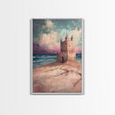 Fantasy Castle Framed Canvas Print Dreamy Coastal Art, Whimsical Beach Painting, Living Room Wall Decor, Pastel Ocean Landscape
