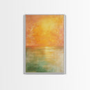 Golden Sunset Horizon Framed Canvas Print Warm Minimalist Wall Art, Serene Ocean Painting, Modern Living Room Decor, Calming Tones