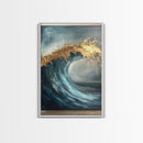 Majestic Ocean Wave Canvas Print Abstract Coastal Art, Gold and Blue Beach Wall Decor, Surfing Aesthetic, Living Room Accent
