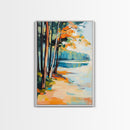 Lakeside Forest Art Framed Canvas Print Autumn Landscape Painting Serene Nature Wall Decor Warm Cozy Home Aesthetic Rustic Living Room