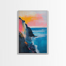 Sunset Cliff Framed Canvas Print Coastal Seascape Wall Art Vibrant Ocean Painting Modern Beach House Decor Relaxing Home Gift