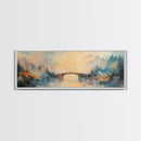Misty Bridge Framed Canvas Print, Dreamy Lake Landscape Wall Art, Autumn Home Decor, Romantic Nature Painting, Serene Wall Artwork
