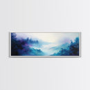 Ethereal Foggy Forest Framed Canvas Print - Mystical Landscape Wall Art, Blue and Purple Nature Decor, Living Room Art