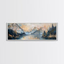 Mountain Lake Reflection Framed Canvas Print - Tranquil Nature Painting, Neutral Home Decor, Minimalist Landscape Wall Art