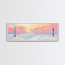 Sunset Beach Volleyball Painting, Pastel Ocean Sports Art, Fun Summer Wall Decor, Playful Living Room, Framed Canvas Print