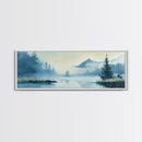 Foggy Mountain Lake Framed Canvas Print Tranquil Nature Wall Art, Misty Forest Landscape, Cool Blue Artwork, Cabin or Office Decor
