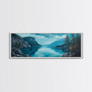 Tranquil Lake Landscape Wall Art, Blue Nature Painting, Rustic Lodge Decor, Large Wide Artwork, Living Room Wall Art