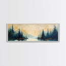Misty Forest Landscape Wall Art, Blue and Gold Nature Painting, Rustic Cabin Decor, Cozy Woodland Art, Fall Living Room Artwork